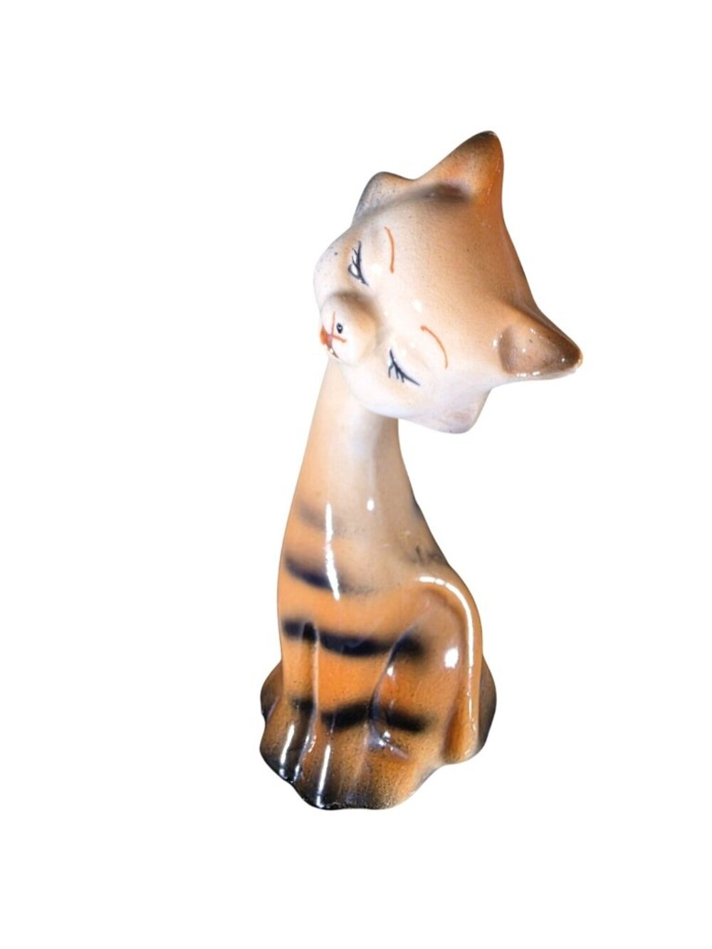 Cat Figurine Vtg Ceramic MCM Hand-Painted Stripes Gloss orange cream tiger tabby